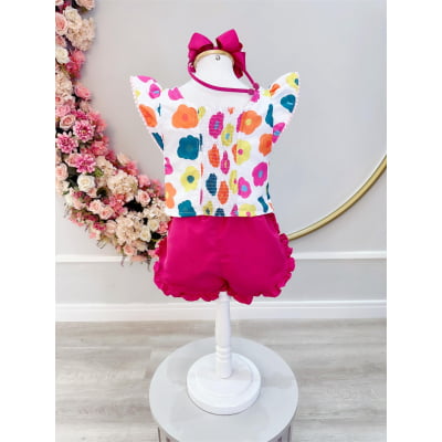 Conjunto Meninas Branco Florido C/ Short Pink e Pulseira Casual