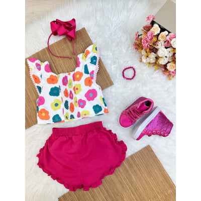 Conjunto Meninas Branco Florido C/ Short Pink e Pulseira Casual