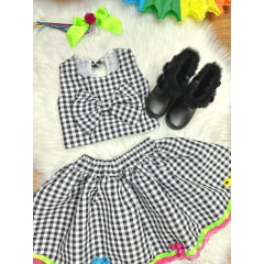 Conjunto Meninas Junino Caipira Preto Xadrez Cropped Com Saia