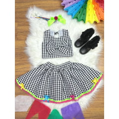 Conjunto Meninas Junino Caipira Preto Xadrez Cropped Com Saia