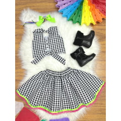 Conjunto Meninas Junino Caipira Preto Xadrez Cropped Com Saia