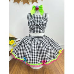 Conjunto Meninas Junino Caipira Preto Xadrez Cropped Com Saia