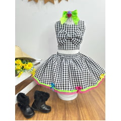 Conjunto Meninas Junino Caipira Preto Xadrez Cropped Com Saia