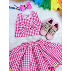 Conjunto Meninas Junino Caipira Rosa Xadrez Cropped Com Saia