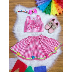 Conjunto Meninas Junino Caipira Rosa Xadrez Cropped Com Saia
