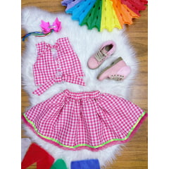 Conjunto Meninas Junino Caipira Rosa Xadrez Cropped Com Saia