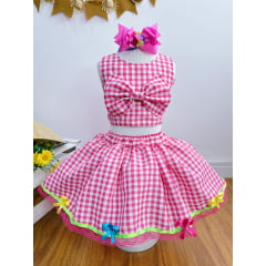 Conjunto Meninas Junino Caipira Rosa Xadrez Cropped Com Saia