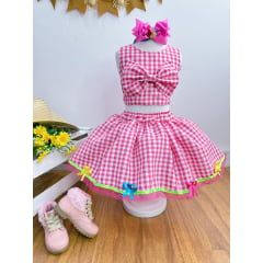 Conjunto Meninas Junino Caipira Rosa Xadrez Cropped Com Saia