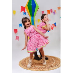 Conjunto Meninas Junino Caipira Rosa Xadrez Cropped Com Saia