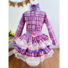 Conjunto Meninas Junino Camisa Lilás Com Saia Xadrez