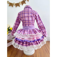 Conjunto Meninas Junino Camisa Lilás Com Saia Xadrez