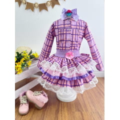 Conjunto Meninas Junino Camisa Lilás Com Saia Xadrez