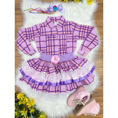 Conjunto Meninas Junino Camisa Lilás Com Saia Xadrez