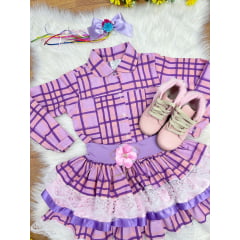 Conjunto Meninas Junino Camisa Lilás Com Saia Xadrez