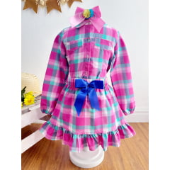 Conjunto Meninas Junino Camisa Rosa Com Mini Saia Xadrez