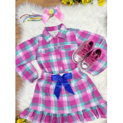Conjunto Meninas Junino Camisa Rosa Com Mini Saia Xadrez