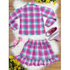Conjunto Meninas Junino Camisa Rosa Com Mini Saia Xadrez