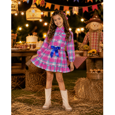 Conjunto Meninas Junino Camisa Rosa Com Mini Saia Xadrez