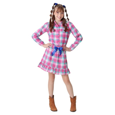Conjunto Meninas Junino Camisa Rosa Com Mini Saia Xadrez