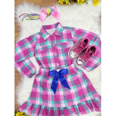 Conjunto Meninas Junino Camisa Rosa Com Mini Saia Xadrez