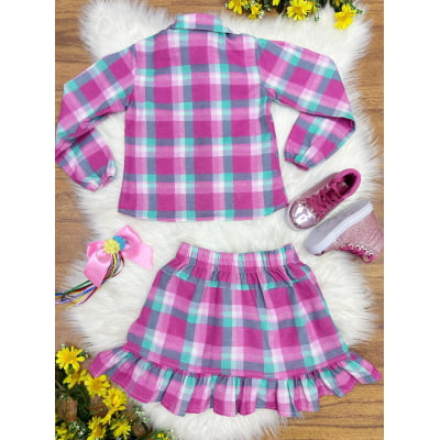 Conjunto Meninas Junino Camisa Rosa Com Mini Saia Xadrez