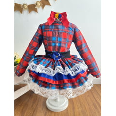 Conjunto Meninas Junino Camisa Vermelha Com Saia Xadrez