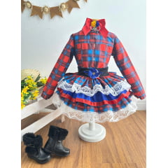 Conjunto Meninas Junino Camisa Vermelha Com Saia Xadrez