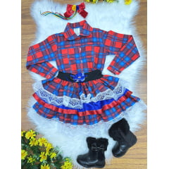 Conjunto Meninas Junino Camisa Vermelha Com Saia Xadrez