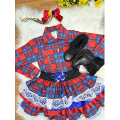 Conjunto Meninas Junino Camisa Vermelha Com Saia Xadrez