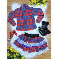 Conjunto Meninas Junino Camisa Vermelha Com Saia Xadrez