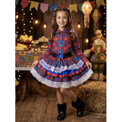 Conjunto Meninas Junino Camisa Vermelha Com Saia Xadrez