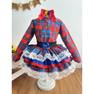 Conjunto Meninas Junino Camisa Vermelha Com Saia Xadrez