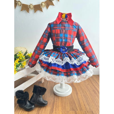 Conjunto Meninas Junino Camisa Vermelha Com Saia Xadrez