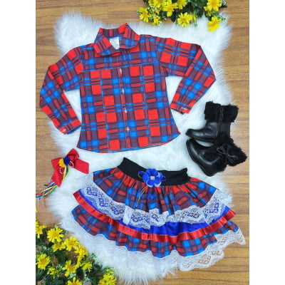 Conjunto Meninas Junino Camisa Vermelha Com Saia Xadrez