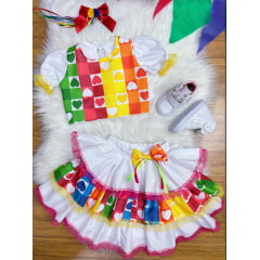 Conjunto Meninas Junino Cropped Colorido Branco C/ Mini Saia