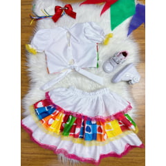 Conjunto Meninas Junino Cropped Colorido Branco C/ Mini Saia