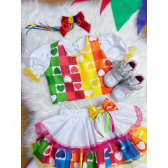 Conjunto Meninas Junino Cropped Colorido Branco C/ Mini Saia