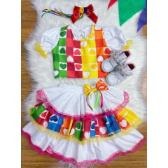 Conjunto Meninas Junino Cropped Colorido Branco C/ Mini Saia