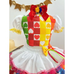 Conjunto Meninas Junino Cropped Colorido Branco C/ Mini Saia
