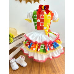 Conjunto Meninas Junino Cropped Colorido Branco C/ Mini Saia
