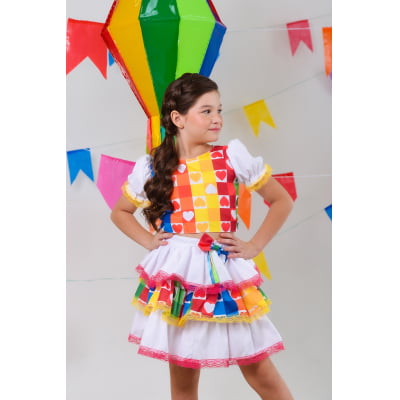 Conjunto Meninas Junino Cropped Colorido Branco C/ Mini Saia