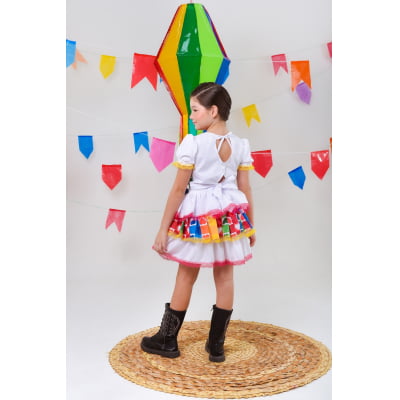 Conjunto Meninas Junino Cropped Colorido Branco C/ Mini Saia