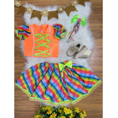 Conjunto Meninas Junino Cropped Laranja C/ Mini Saia Colorida