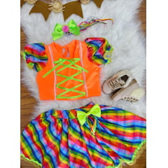 Conjunto Meninas Junino Cropped Laranja C/ Mini Saia Colorida