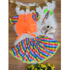 Conjunto Meninas Junino Cropped Laranja C/ Mini Saia Colorida