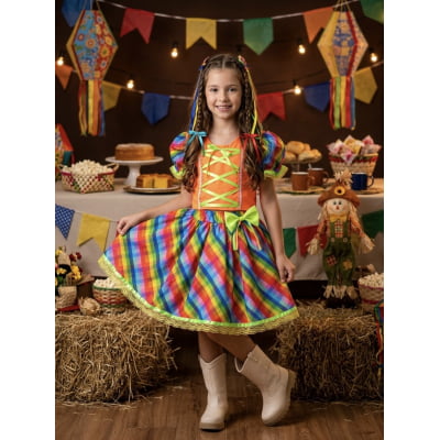 Conjunto Meninas Junino Cropped Laranja C/ Mini Saia Colorida