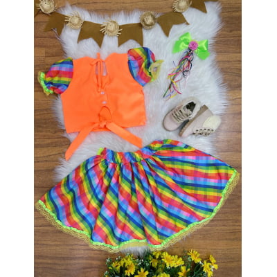Conjunto Meninas Junino Cropped Laranja C/ Mini Saia Colorida