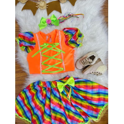Conjunto Meninas Junino Cropped Laranja C/ Mini Saia Colorida