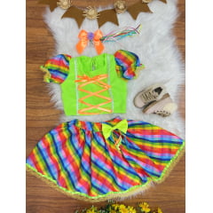 Conjunto Meninas Junino Cropped Verde C/ Mini Saia Colorida
