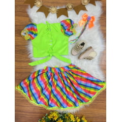 Conjunto Meninas Junino Cropped Verde C/ Mini Saia Colorida